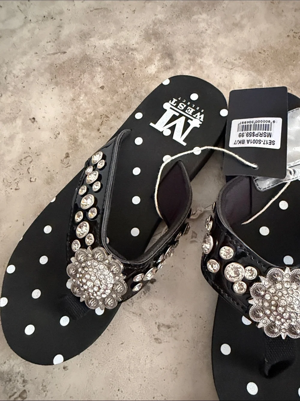 Montana West Women's Black Polka Dot Jeweled Flip Flop Sandals size 7
